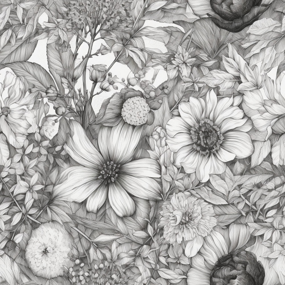 black and white, grayscale, monochrome, floral, botanical, nature, vintage, elegant, classic, detailed, intricate, hand-drawn, sketch style, line art, dahlias, cosmos, wildflowers, garden flowers, spring, summer, romantic, traditional, cottage core, farmhouse, botanical illustration, naturalistic, detailed linework, engraved style, nursery, home decor