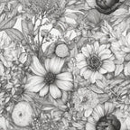black and white, grayscale, monochrome, floral, botanical, nature, vintage, elegant, classic, detailed, intricate, hand-drawn, sketch style, line art, dahlias, cosmos, wildflowers, garden flowers, spring, summer, romantic, traditional, cottage core, farmhouse, botanical illustration, naturalistic, detailed linework, engraved style, nursery, home decor