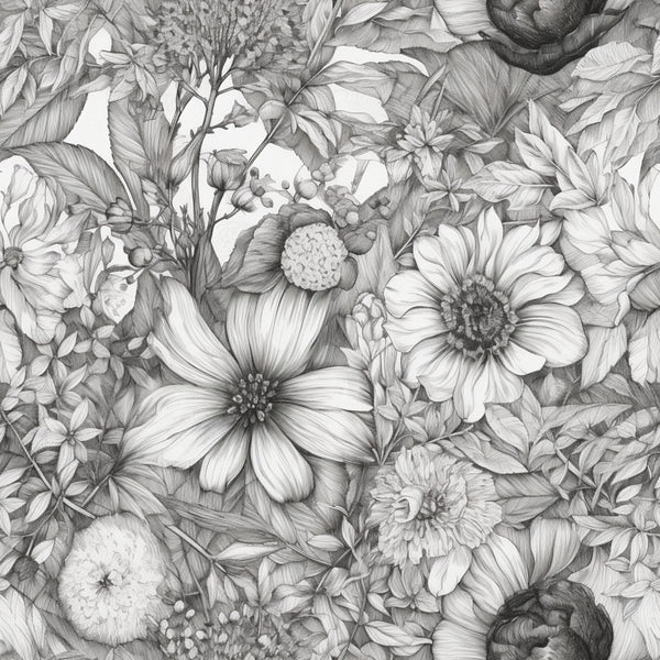 black and white, grayscale, monochrome, floral, botanical, nature, vintage, elegant, classic, detailed, intricate, hand-drawn, sketch style, line art, dahlias, cosmos, wildflowers, garden flowers, spring, summer, romantic, traditional, cottage core, farmhouse, botanical illustration, naturalistic, detailed linework, engraved style, nursery, home decor