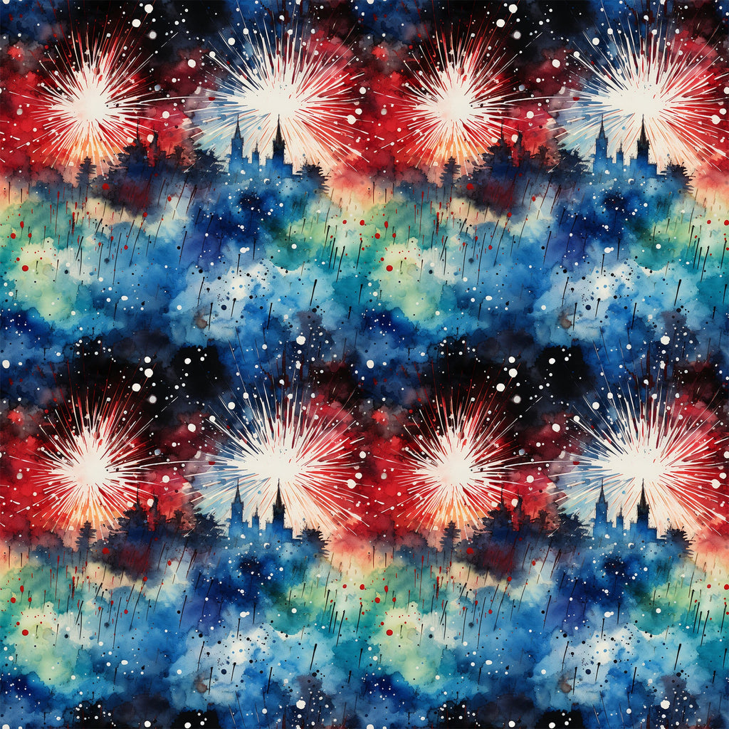 patriotic fireworks, red white blue, watercolor style, grunge texture, burst pattern, celebration theme, fourth of july, firework explosions, splatter effect, distressed look,, fabric panel, star bursts, painterly design, abstract fireworks, americana theme, holiday fabric, textured background, repeating pattern