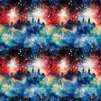 patriotic fireworks, red white blue, watercolor style, grunge texture, burst pattern, celebration theme, fourth of july, firework explosions, splatter effect, distressed look,, fabric panel, star bursts, painterly design, abstract fireworks, americana theme, holiday fabric, textured background, repeating pattern
