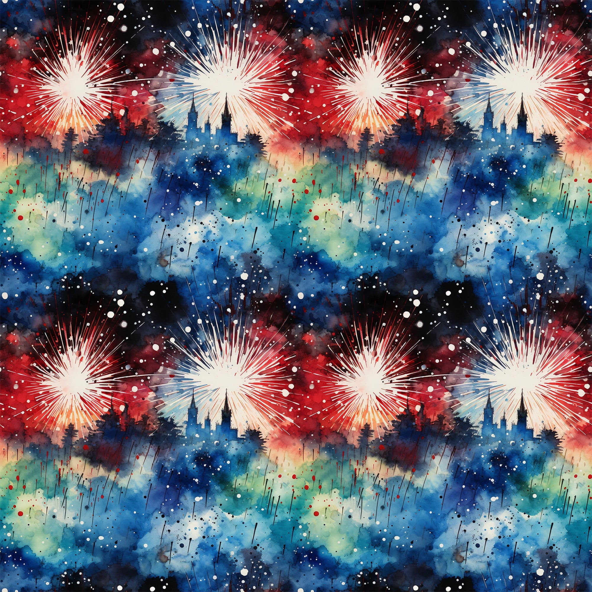patriotic fireworks, red white blue, watercolor style, grunge texture, burst pattern, celebration theme, fourth of july, firework explosions, splatter effect, distressed look,, fabric panel, star bursts, painterly design, abstract fireworks, americana theme, holiday fabric, textured background, repeating pattern
