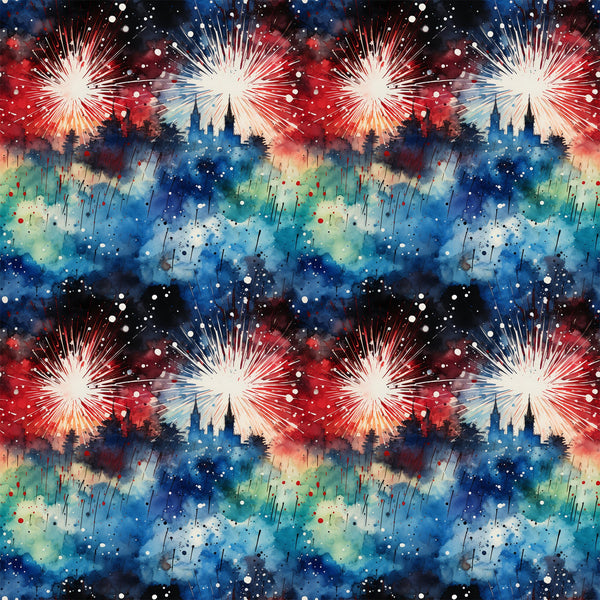 patriotic fireworks, red white blue, watercolor style, grunge texture, burst pattern, celebration theme, fourth of july, firework explosions, splatter effect, distressed look,, fabric panel, star bursts, painterly design, abstract fireworks, americana theme, holiday fabric, textured background, repeating pattern