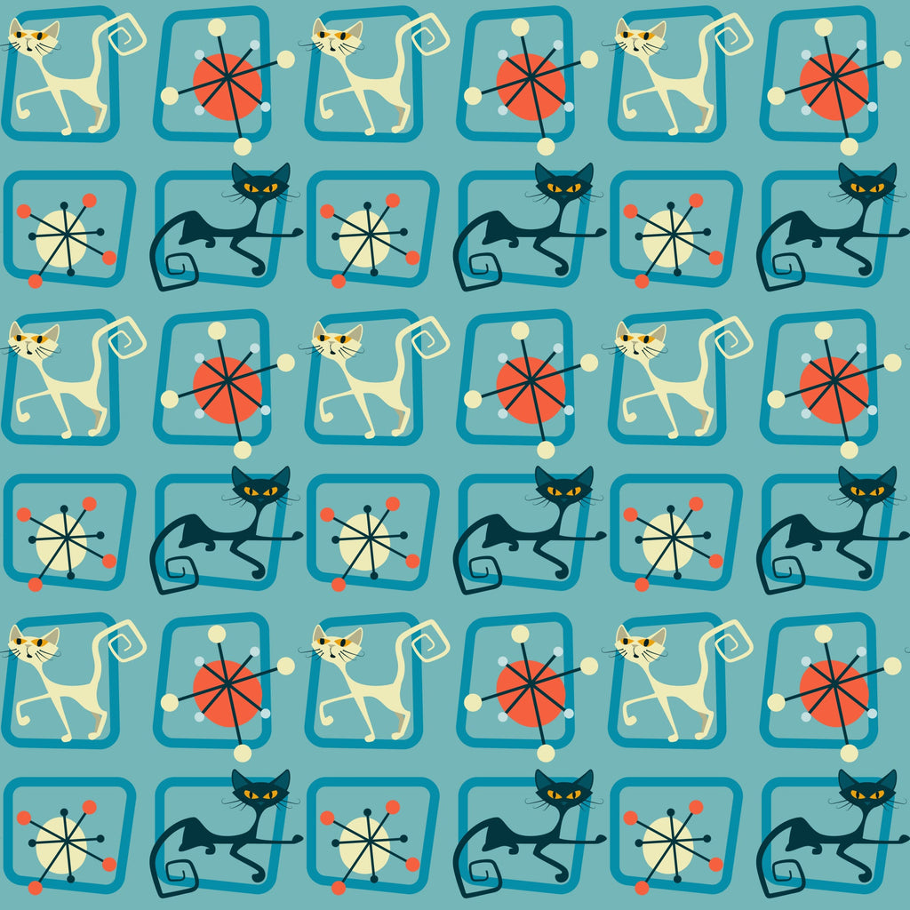 turquoise, teal, orange, red, cream, atomic pattern, mid-century modern, retro cats, stylized cats, geometric shapes, starburst motifs, angular design, 1950s style, modernist, repeating pattern,, fabric panel, vintage inspired, atomic age, sleek cats