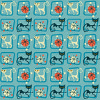 turquoise, teal, orange, red, cream, atomic pattern, mid-century modern, retro cats, stylized cats, geometric shapes, starburst motifs, angular design, 1950s style, modernist, repeating pattern,, fabric panel, vintage inspired, atomic age, sleek cats
