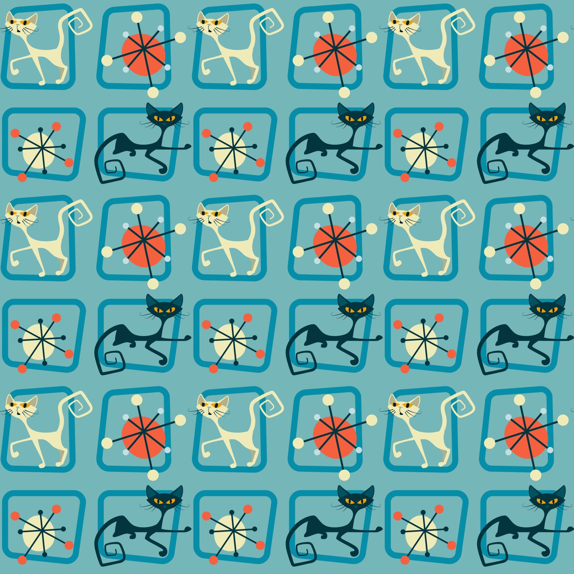 turquoise, teal, orange, red, cream, atomic pattern, mid-century modern, retro cats, stylized cats, geometric shapes, starburst motifs, angular design, 1950s style, modernist, repeating pattern,, fabric panel, vintage inspired, atomic age, sleek cats