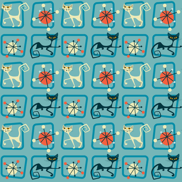turquoise, teal, orange, red, cream, atomic pattern, mid-century modern, retro cats, stylized cats, geometric shapes, starburst motifs, angular design, 1950s style, modernist, repeating pattern,, fabric panel, vintage inspired, atomic age, sleek cats
