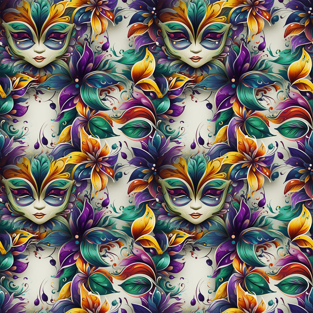 mardi gras masks, venetian masks, purple, green, gold, orange, teal, floral motifs, feathers, ornate designs, carnival theme, masquerade, decorative swirls, fantasy faces,, fabric panel, festive pattern, new orleans style, baroque elements, vibrant colors