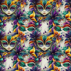 mardi gras masks, venetian masks, purple, green, gold, orange, teal, floral motifs, feathers, ornate designs, carnival theme, masquerade, decorative swirls, fantasy faces,, fabric panel, festive pattern, new orleans style, baroque elements, vibrant colors