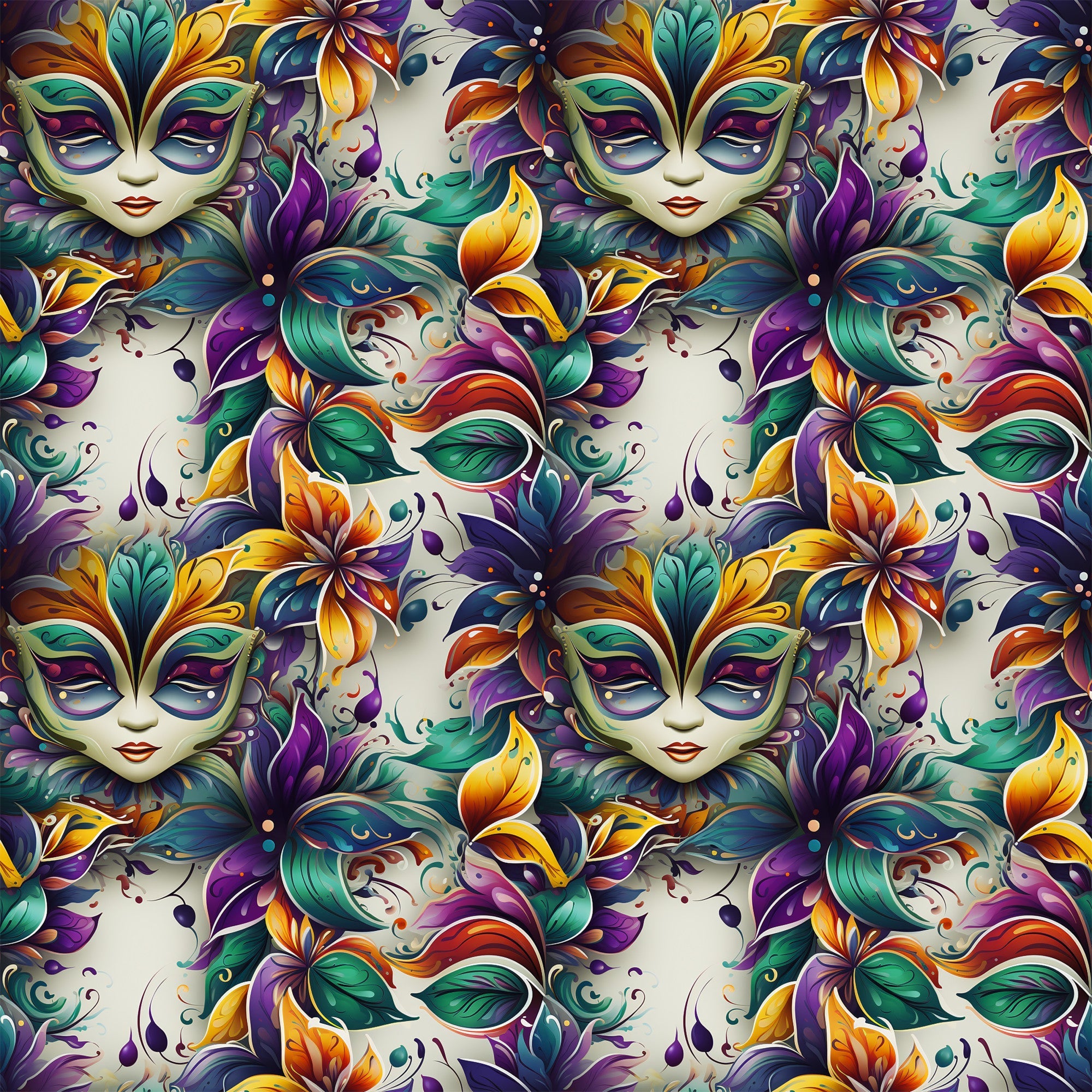 mardi gras masks, venetian masks, purple, green, gold, orange, teal, floral motifs, feathers, ornate designs, carnival theme, masquerade, decorative swirls, fantasy faces,, fabric panel, festive pattern, new orleans style, baroque elements, vibrant colors