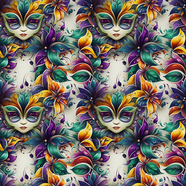 mardi gras masks, venetian masks, purple, green, gold, orange, teal, floral motifs, feathers, ornate designs, carnival theme, masquerade, decorative swirls, fantasy faces,, fabric panel, festive pattern, new orleans style, baroque elements, vibrant colors