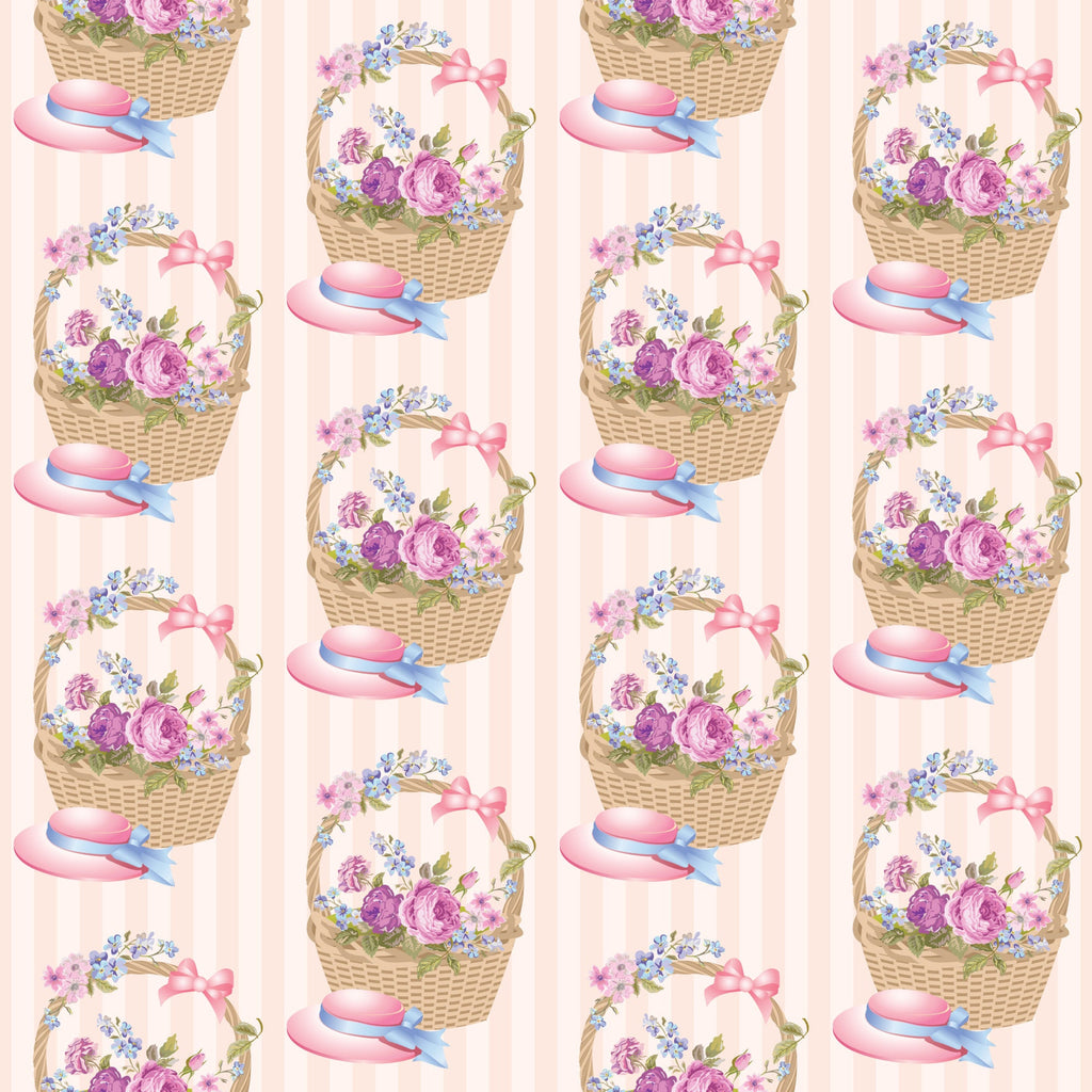 pink, purple, blue, floral pattern, wicker baskets, tea party, roses, forget-me-nots, ribbons, bows, vintage style, cottage core, feminine design,, fabric panel, repeating motif, pastel colors, flower arrangements, romantic aesthetic, spring theme