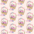 pink, purple, blue, floral pattern, wicker baskets, tea party, roses, forget-me-nots, ribbons, bows, vintage style, cottage core, feminine design,, fabric panel, repeating motif, pastel colors, flower arrangements, romantic aesthetic, spring theme