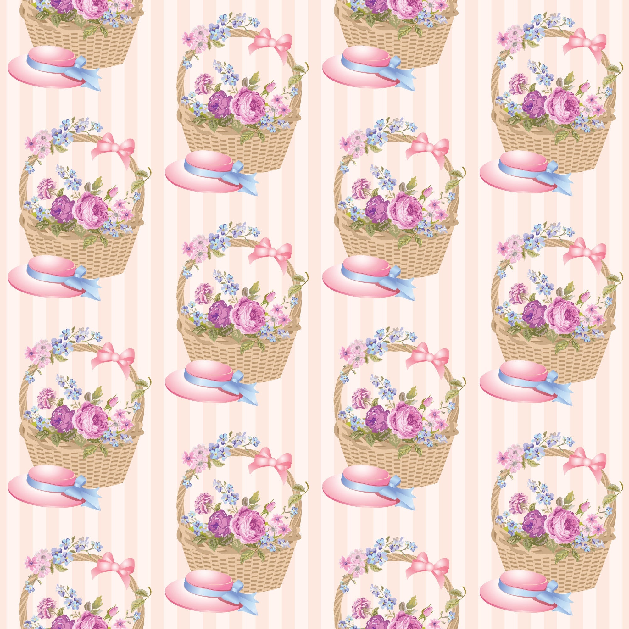 pink, purple, blue, floral pattern, wicker baskets, tea party, roses, forget-me-nots, ribbons, bows, vintage style, cottage core, feminine design,, fabric panel, repeating motif, pastel colors, flower arrangements, romantic aesthetic, spring theme