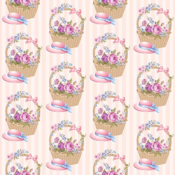 pink, purple, blue, floral pattern, wicker baskets, tea party, roses, forget-me-nots, ribbons, bows, vintage style, cottage core, feminine design,, fabric panel, repeating motif, pastel colors, flower arrangements, romantic aesthetic, spring theme