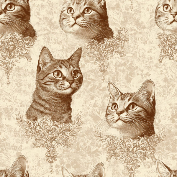 cream, beige, sepia, brown, vintage cats, cat portraits, ornate lace, decorative flourishes, victorian style, antique illustration,, fabric panel, feline faces, baroque ornaments, monochromatic, etched style, repeating pattern, tabby cats, ornamental design, nostalgic artwork