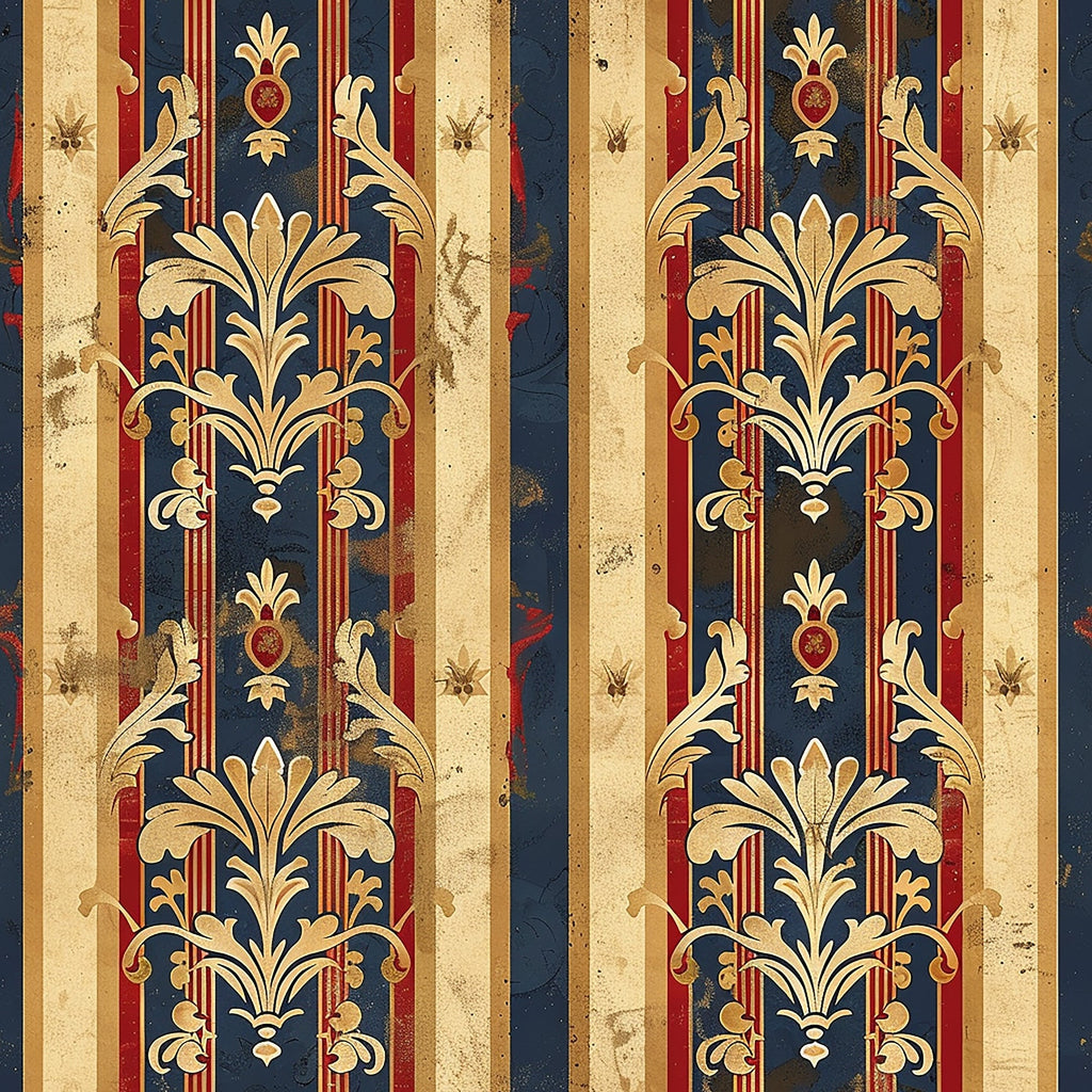 navy blue, burgundy red, cream beige, gold accents, vertical stripes, fleur de lis, ornate scrollwork, medieval motifs, decorative flourishes, heraldic design, vintage weathered, distressed texture,, fabric panel, gothic style, royal pattern, french inspired, baroque elements, antique finish, regal motifs