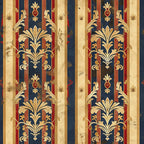 navy blue, burgundy red, cream beige, gold accents, vertical stripes, fleur de lis, ornate scrollwork, medieval motifs, decorative flourishes, heraldic design, vintage weathered, distressed texture,, fabric panel, gothic style, royal pattern, french inspired, baroque elements, antique finish, regal motifs