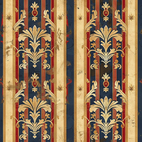 navy blue, burgundy red, cream beige, gold accents, vertical stripes, fleur de lis, ornate scrollwork, medieval motifs, decorative flourishes, heraldic design, vintage weathered, distressed texture,, fabric panel, gothic style, royal pattern, french inspired, baroque elements, antique finish, regal motifs