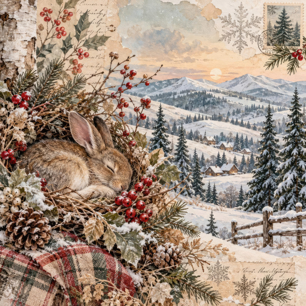 winter landscape, snowy mountains, rabbit, bunny, forest green, cream, beige, tan, dusty rose, red berries, vintage, rustic, holiday, christmas, alpine, cottage, cabin, nature, woodland, animals, evergreen trees, pinecones, plaid, handmade, cozy, traditional, farmhouse, winter scene, snowy valley, mountain cabin
