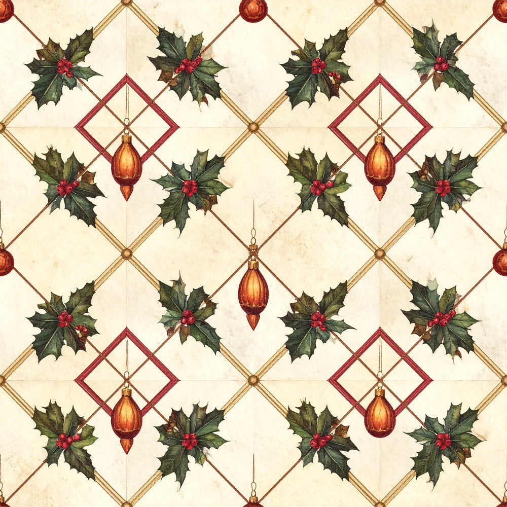 cream, forest green, deep red, burgundy, gold, vintage, christmas, holly, holiday, geometric, diamond pattern, ornaments, traditional, elegant, festive, seasonal, home decor, red berries, evergreen leaves, teardrop ornaments, classic, timeless, winter, december, decorative, sophisticated, botanical, hanging ornaments