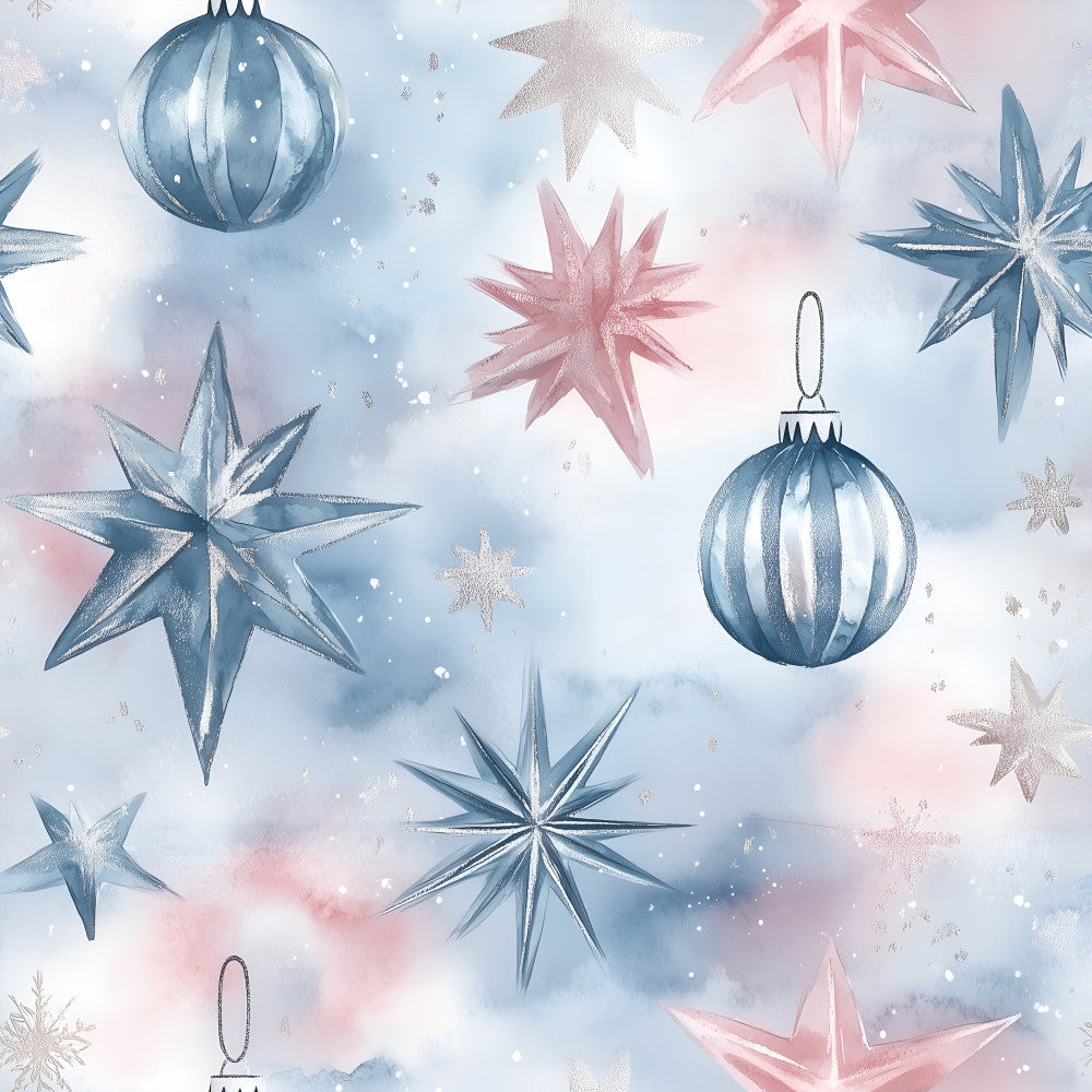 navy blue, dusty rose, blush pink, pale blue, silver, winter white, star ornaments, baubles, snowflakes, holiday, christmas, celestial, elegant, whimsical, modern, winter, festive, sparkly, metallic accents, dimensional stars, hanging ornaments, geometric stars, decorative ornaments, nursery, kids room, baby shower, winter wonderland, frosty, enchanted, shimmering details