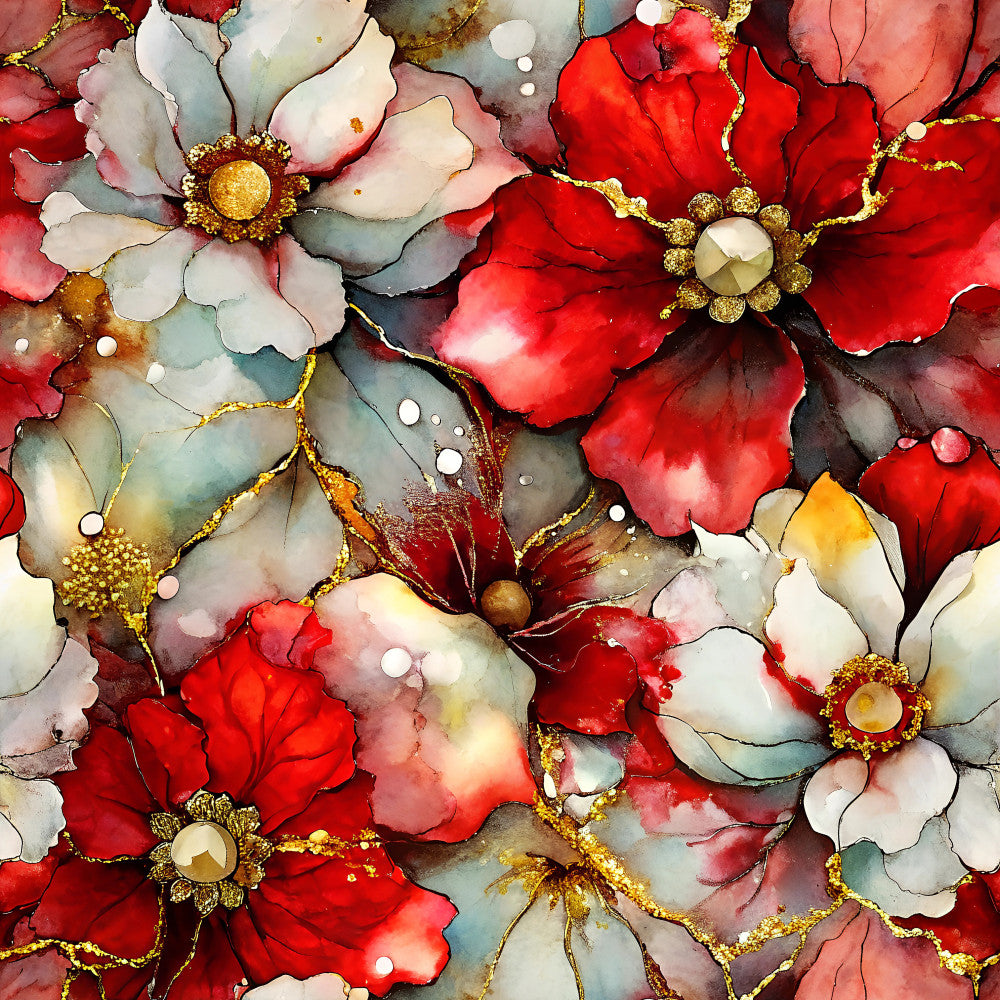 crimson red, cream white, gold accents, dusty rose, sage green, teal, burnt orange, floral, watercolor, botanical, elegant, luxe, metallic, flowers, nature, modern, artistic, abstract florals, romantic, sophisticated, decorative, home decor, nursery, premium, hand-painted effect, jewel tones, luxury design, festive, statement fabric, artistic florals