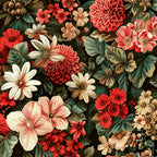 coral red, cream white, sage green, brown tan, realistic flowers, dahlia blooms, daisy petals, hibiscus flowers, dense floral pattern, botanical illustration, vintage style, lush foliage,, fabric panel, nature motif, garden theme, detailed petals, layered blooms, rich textures, seamless design