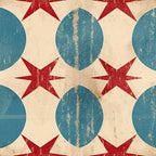 cream background, distressed texture, red stars, blue circles, eight-pointed stars, patriotic theme, weathered finish, geometric pattern, vintage look,, fabric panel, americana design, worn appearance, repeating motif, star pattern, circular elements, aged effect, crafting fabric, sewing material