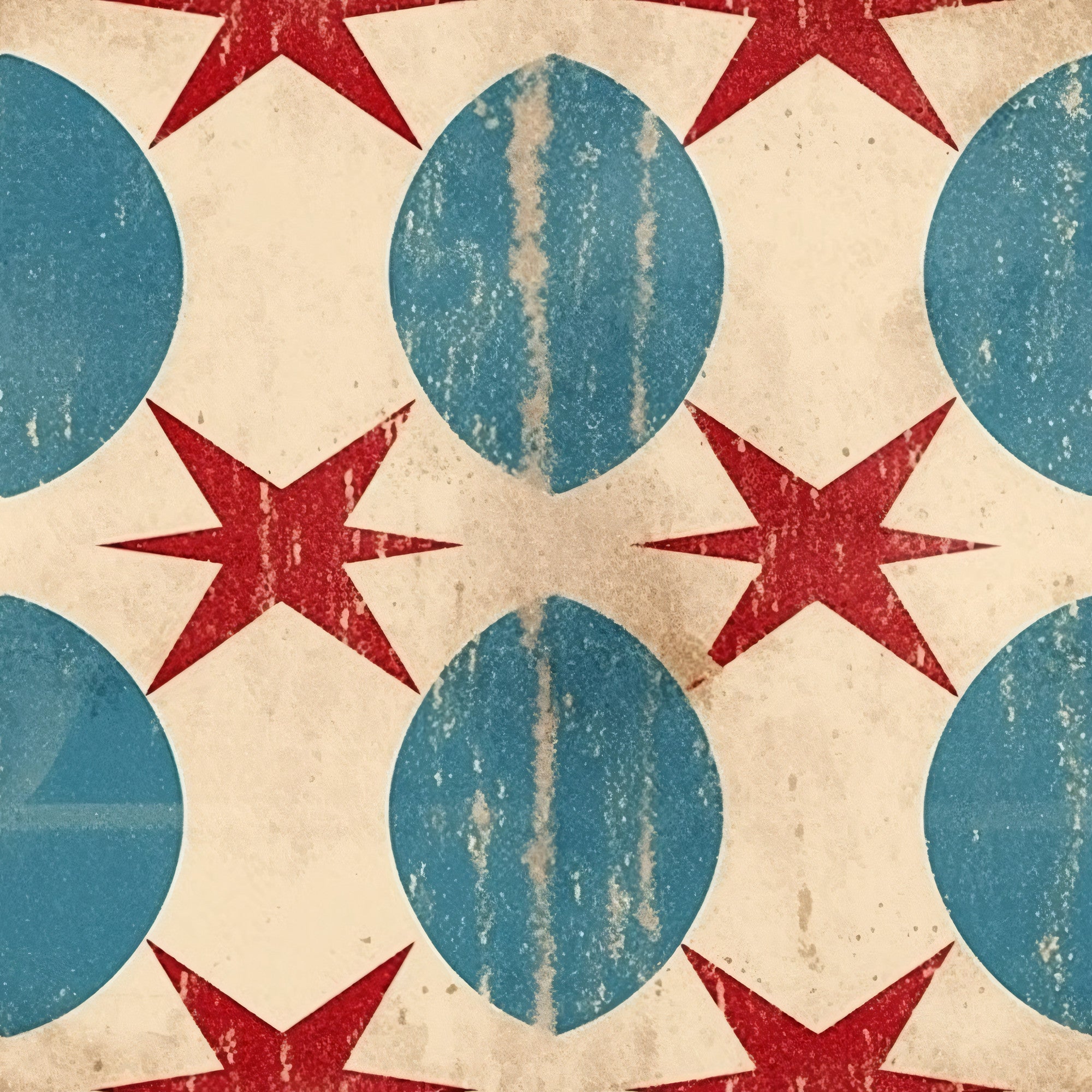 cream background, distressed texture, red stars, blue circles, eight-pointed stars, patriotic theme, weathered finish, geometric pattern, vintage look,, fabric panel, americana design, worn appearance, repeating motif, star pattern, circular elements, aged effect, crafting fabric, sewing material