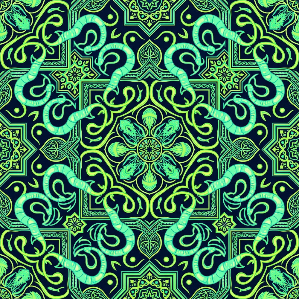 neon green, lime green, cyan, turquoise, navy blue, dark navy, fluorescent, glow in the dark, geometric, mandala, ornate, baroque, intricate, paisley, swirls, decorative, tentacles, octopus, marine life, sea creatures, jellyfish, whimsical, bohemian, eclectic, mystical, psychedelic, contemporary, fantasy, ocean theme, aquatic
