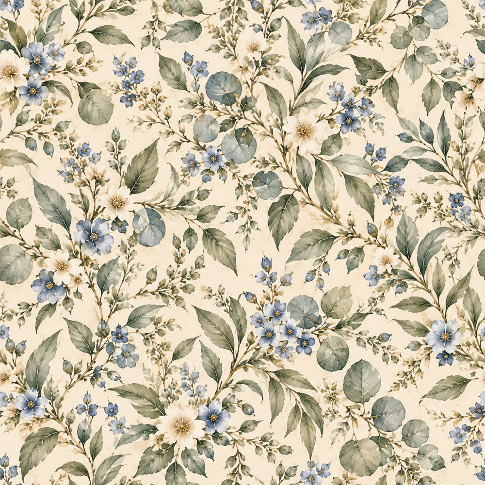 cream floral, blue flowers, sage green leaves, botanical print, vintage floral, garden flowers, delicate flowers, nature inspired, spring flowers, soft blue, cream background, white flowers, naturalistic, traditional floral, cottage core, farmhouse style, elegant florals, romantic floral, timeless design, multi-colored flowers, small scale print, dense floral pattern, meadow flowers, wildflower inspired, gentle colors, muted tones, soft palette, classic floral, shabby chic