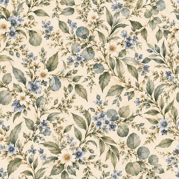 cream floral, blue flowers, sage green leaves, botanical print, vintage floral, garden flowers, delicate flowers, nature inspired, spring flowers, soft blue, cream background, white flowers, naturalistic, traditional floral, cottage core, farmhouse style, elegant florals, romantic floral, timeless design, multi-colored flowers, small scale print, dense floral pattern, meadow flowers, wildflower inspired, gentle colors, muted tones, soft palette, classic floral, shabby chic