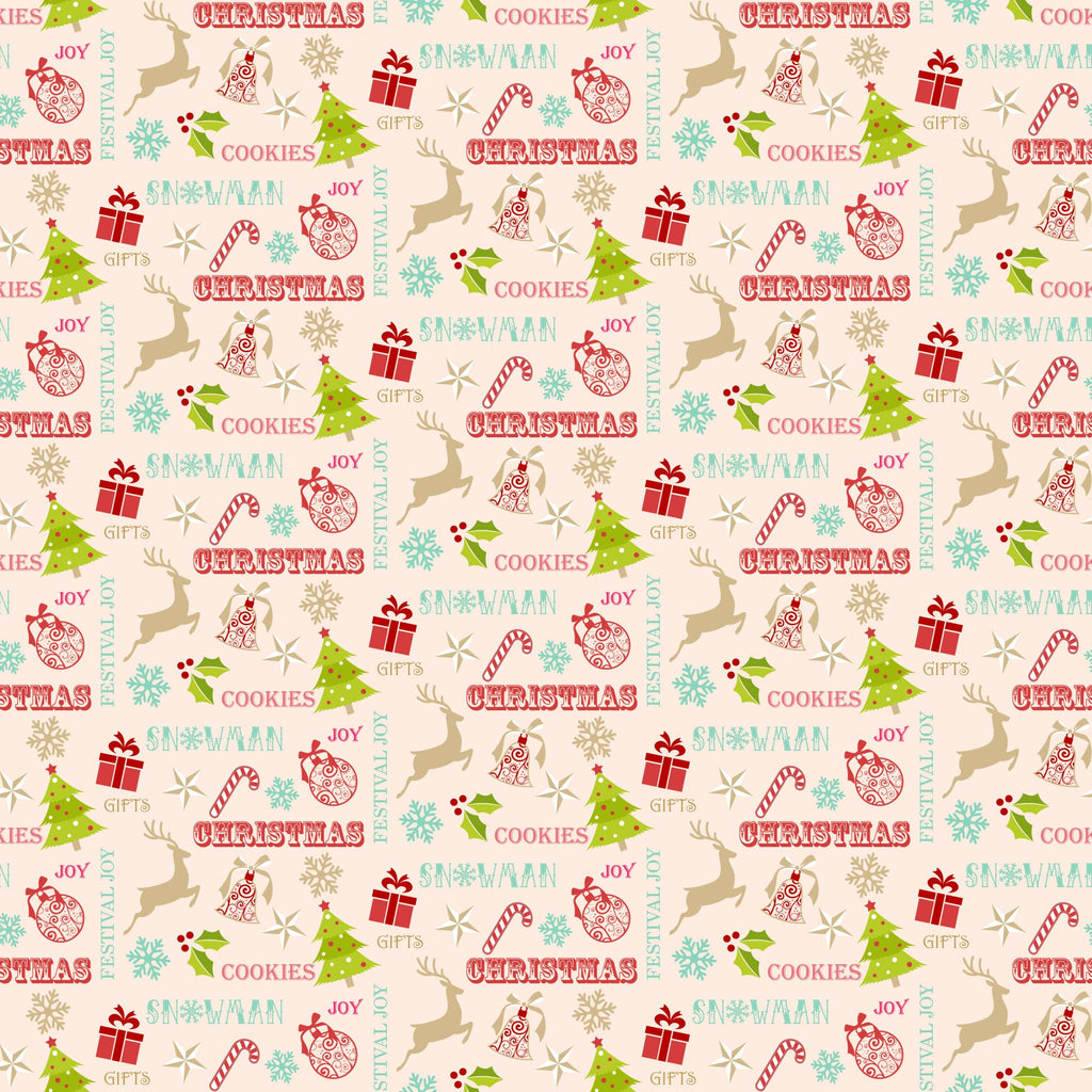 christmas pattern,, fabric panel, holiday motifs, reindeer silhouettes, christmas trees, ornament baubles, candy canes, gift boxes, snowflakes, holly leaves, jingle bells, festive words, cream background, red accents, green elements, turquoise blue, pink text, tan beige, winter theme, seasonal fabric, repeating pattern, holiday crafting