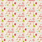 christmas pattern,, fabric panel, holiday motifs, reindeer silhouettes, christmas trees, ornament baubles, candy canes, gift boxes, snowflakes, holly leaves, jingle bells, festive words, cream background, red accents, green elements, turquoise blue, pink text, tan beige, winter theme, seasonal fabric, repeating pattern, holiday crafting