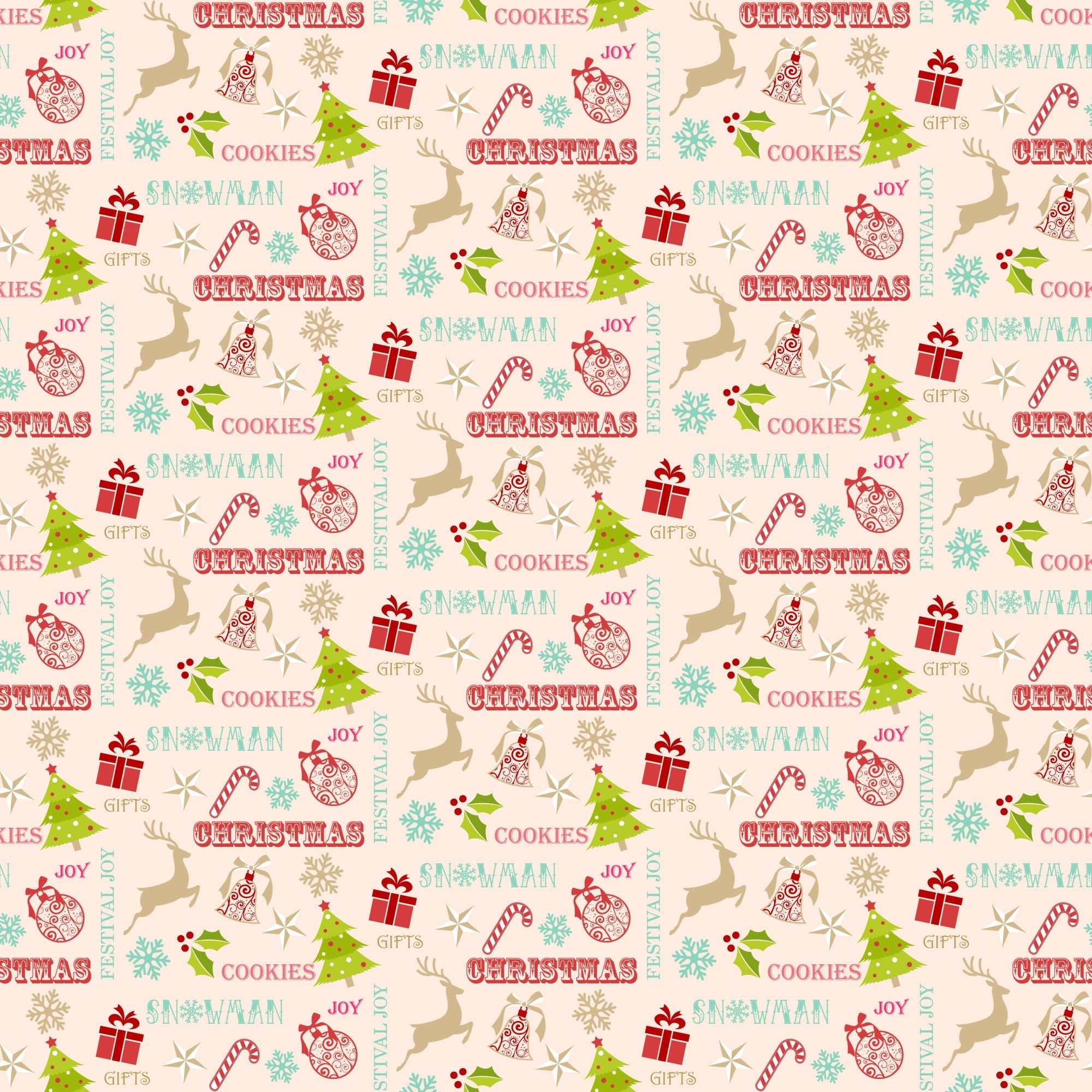 christmas pattern,, fabric panel, holiday motifs, reindeer silhouettes, christmas trees, ornament baubles, candy canes, gift boxes, snowflakes, holly leaves, jingle bells, festive words, cream background, red accents, green elements, turquoise blue, pink text, tan beige, winter theme, seasonal fabric, repeating pattern, holiday crafting