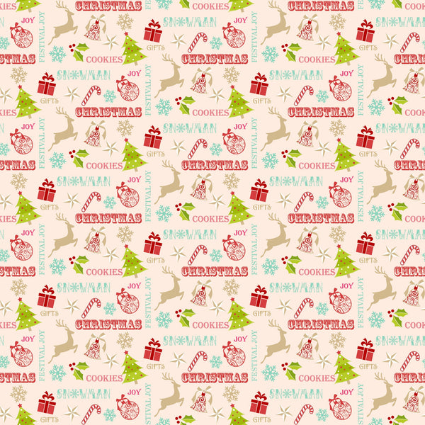 christmas pattern,, fabric panel, holiday motifs, reindeer silhouettes, christmas trees, ornament baubles, candy canes, gift boxes, snowflakes, holly leaves, jingle bells, festive words, cream background, red accents, green elements, turquoise blue, pink text, tan beige, winter theme, seasonal fabric, repeating pattern, holiday crafting