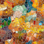 mosaic art, stained glass, geometric pattern, orange, yellow, green, blue, teal, amber, burnt orange, sage green, irregular shapes, abstract design, colorful fragments,, fabric panel, artistic mosaic, vibrant colors, tessellation, decorative pattern