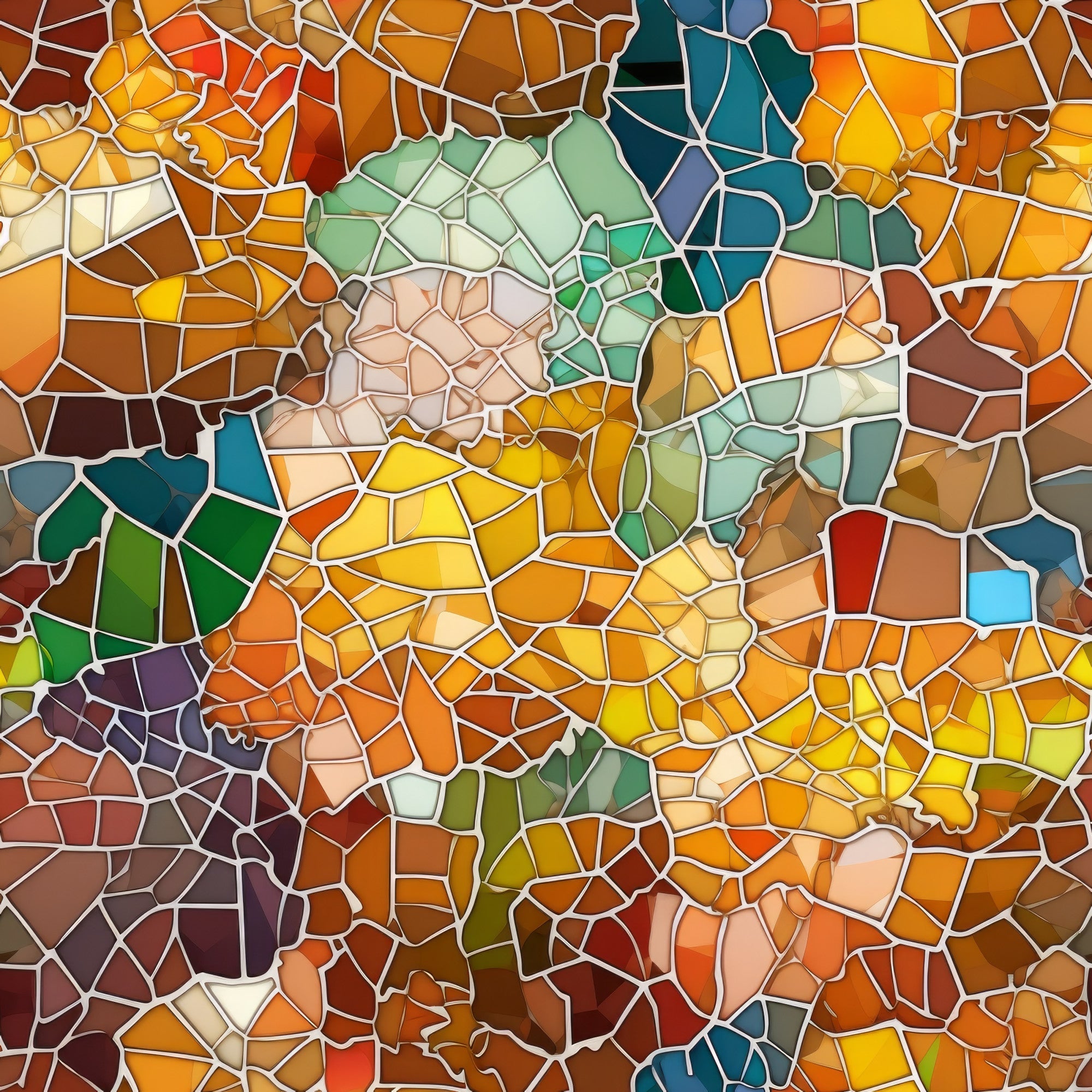 mosaic art, stained glass, geometric pattern, orange, yellow, green, blue, teal, amber, burnt orange, sage green, irregular shapes, abstract design, colorful fragments,, fabric panel, artistic mosaic, vibrant colors, tessellation, decorative pattern