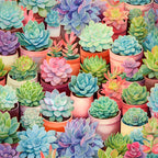 succulent, botanical, pastel colors, turquoise, coral pink, lavender purple, sage green, mint green, soft yellow, peachy orange, soft blue, whimsical, garden, nature, potted plants, colorful, spring, summer, playroom, kids room, nursery, modern, cheerful, vibrant, artistic, illustrated, decorative plants, floral design, contemporary, cute