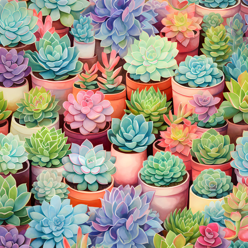 succulent, botanical, pastel colors, turquoise, coral pink, lavender purple, sage green, mint green, soft yellow, peachy orange, soft blue, whimsical, garden, nature, potted plants, colorful, spring, summer, playroom, kids room, nursery, modern, cheerful, vibrant, artistic, illustrated, decorative plants, floral design, contemporary, cute