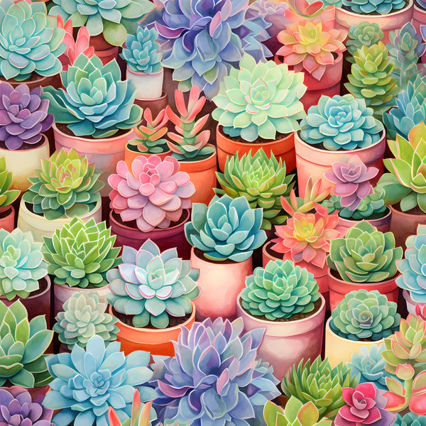 succulent, botanical, pastel colors, turquoise, coral pink, lavender purple, sage green, mint green, soft yellow, peachy orange, soft blue, whimsical, garden, nature, potted plants, colorful, spring, summer, playroom, kids room, nursery, modern, cheerful, vibrant, artistic, illustrated, decorative plants, floral design, contemporary, cute