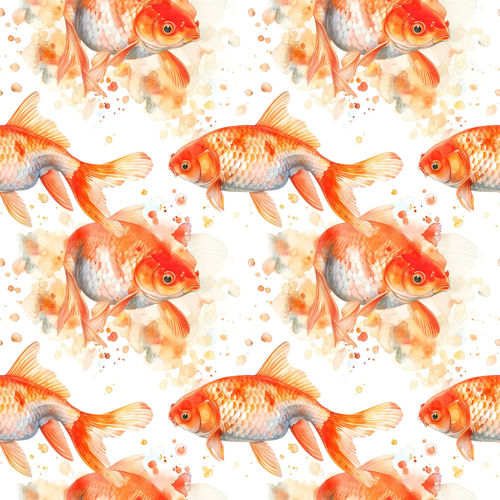 watercolor fish, goldfish pattern, orange fish, coral pink, peachy tones, warm colors, aquatic animals, swimming fish, repeating pattern,, fabric panel, watercolor style, painterly effect, splash details, scales texture, fins detail, seamless repeat, craft fabric, sewing material, fish motif