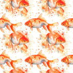 watercolor fish, goldfish pattern, orange fish, coral pink, peachy tones, warm colors, aquatic animals, swimming fish, repeating pattern,, fabric panel, watercolor style, painterly effect, splash details, scales texture, fins detail, seamless repeat, craft fabric, sewing material, fish motif