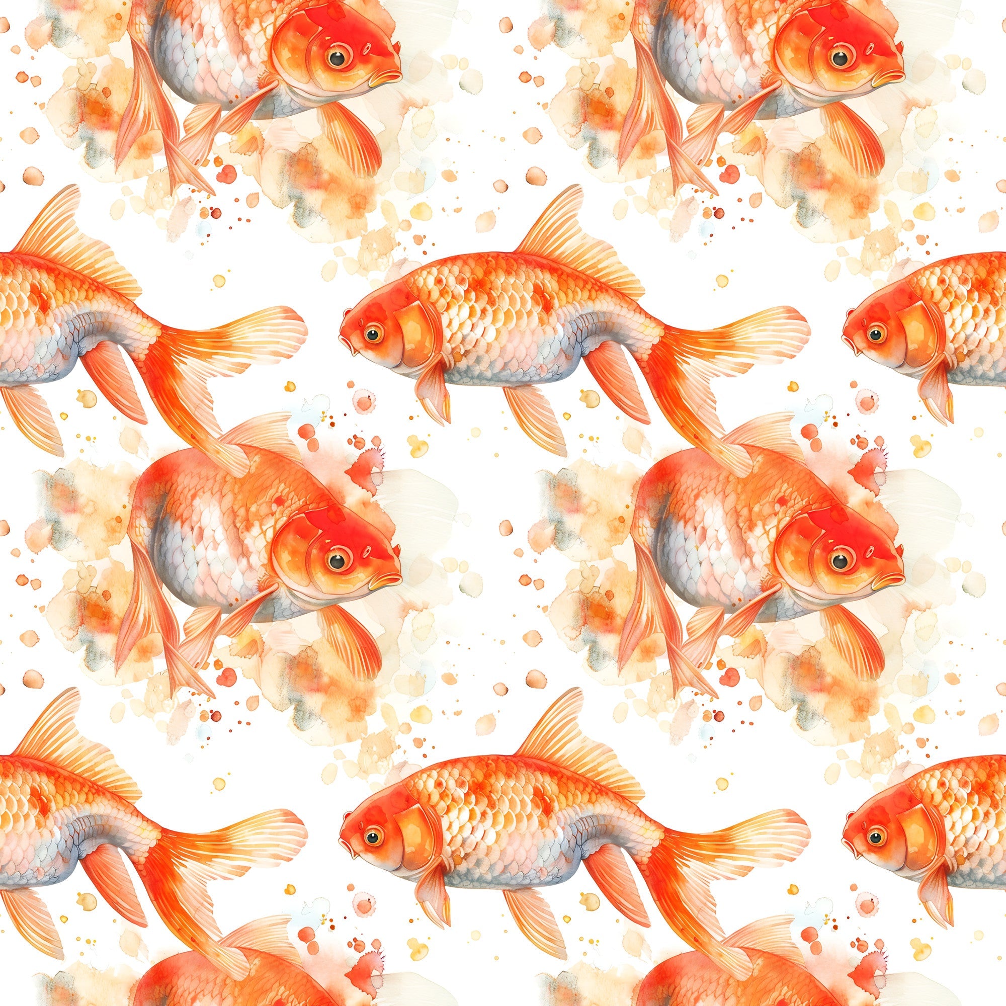 watercolor fish, goldfish pattern, orange fish, coral pink, peachy tones, warm colors, aquatic animals, swimming fish, repeating pattern,, fabric panel, watercolor style, painterly effect, splash details, scales texture, fins detail, seamless repeat, craft fabric, sewing material, fish motif