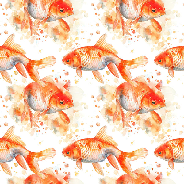 watercolor fish, goldfish pattern, orange fish, coral pink, peachy tones, warm colors, aquatic animals, swimming fish, repeating pattern,, fabric panel, watercolor style, painterly effect, splash details, scales texture, fins detail, seamless repeat, craft fabric, sewing material, fish motif