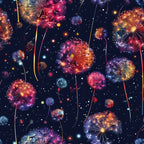 midnight blue, deep navy, pink, purple, gold, orange, teal, dandelion seeds, fireworks bursts, night sky, stars, scattered dots, whimsical pattern, magical mood,, fabric panel, celestial theme, botanical design, wind-blown seeds, colorful explosions