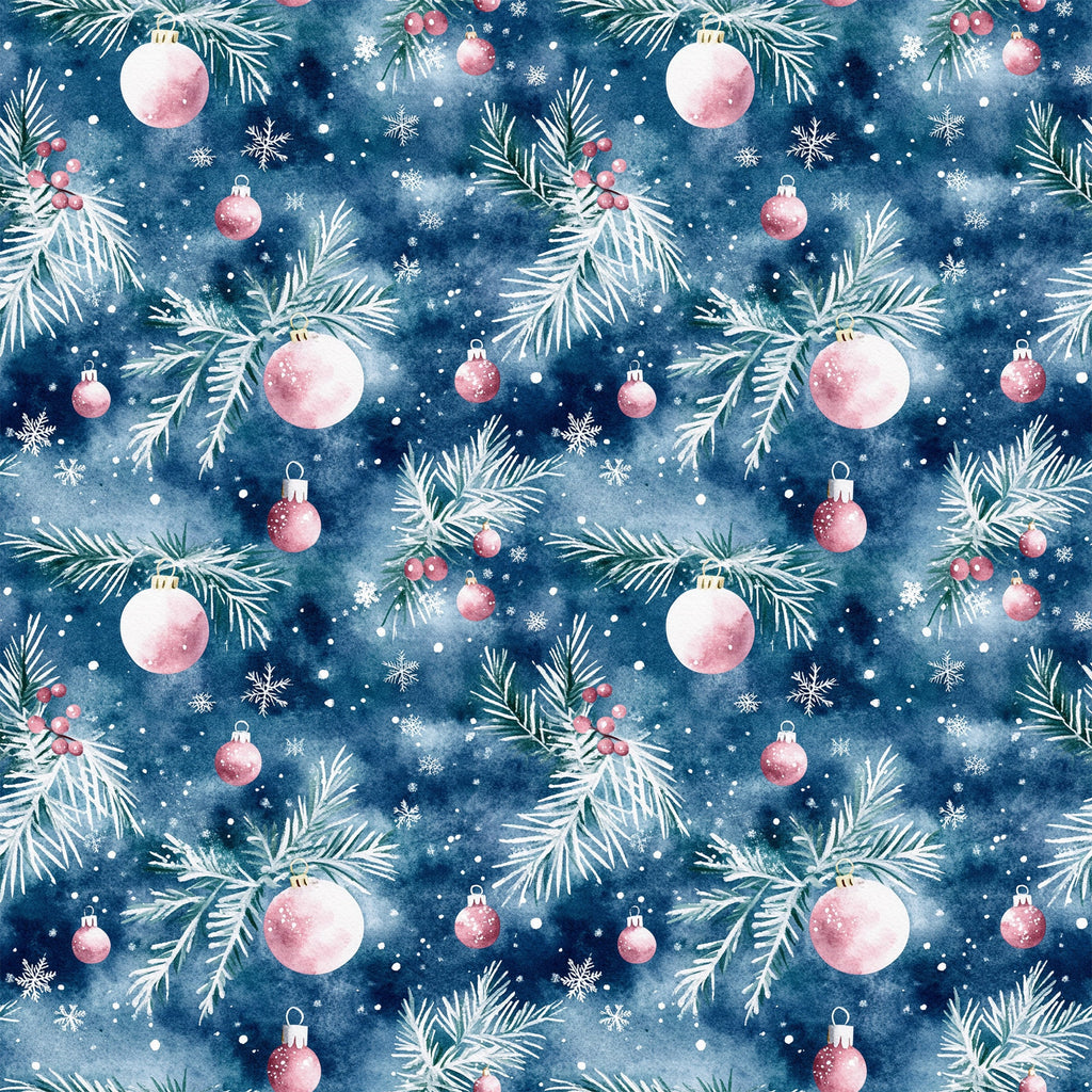 watercolor, navy blue, deep blue, pink ornaments, christmas baubles, pine branches, evergreen needles, snowflakes, winter berries, seamless pattern, repeating design, holiday motif, festive theme,, fabric panel, christmas decor, ornamental design, winter wonderland, seasonal pattern, crafting material