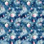 watercolor, navy blue, deep blue, pink ornaments, christmas baubles, pine branches, evergreen needles, snowflakes, winter berries, seamless pattern, repeating design, holiday motif, festive theme,, fabric panel, christmas decor, ornamental design, winter wonderland, seasonal pattern, crafting material