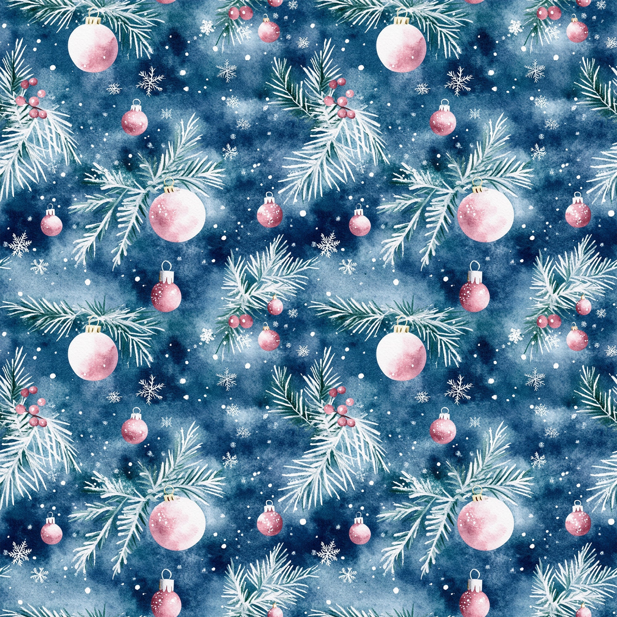watercolor, navy blue, deep blue, pink ornaments, christmas baubles, pine branches, evergreen needles, snowflakes, winter berries, seamless pattern, repeating design, holiday motif, festive theme,, fabric panel, christmas decor, ornamental design, winter wonderland, seasonal pattern, crafting material